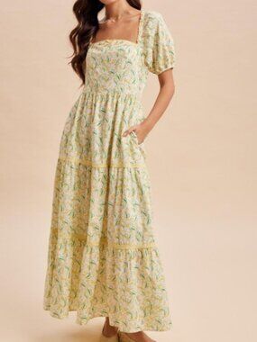 Daffodil Floral Cotton Square Neck Maxi Dress